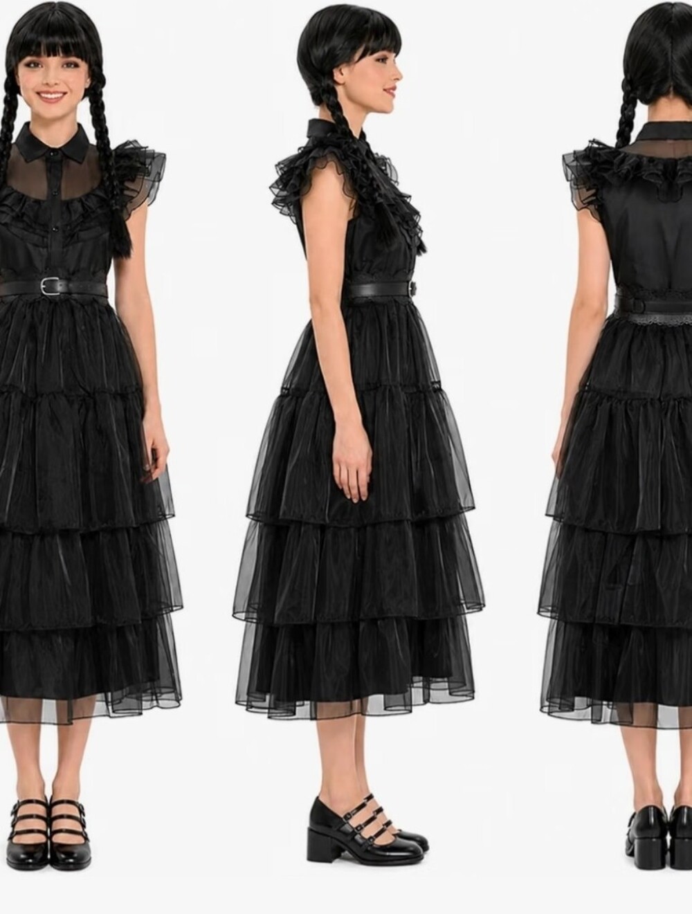 Black Gothic Belt Dress Costume Adult Halloween Cosplay Outfits Long Tulle Prom
